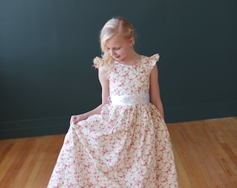 Floral print flower girl dress with diamante sash and butterfly sleeves