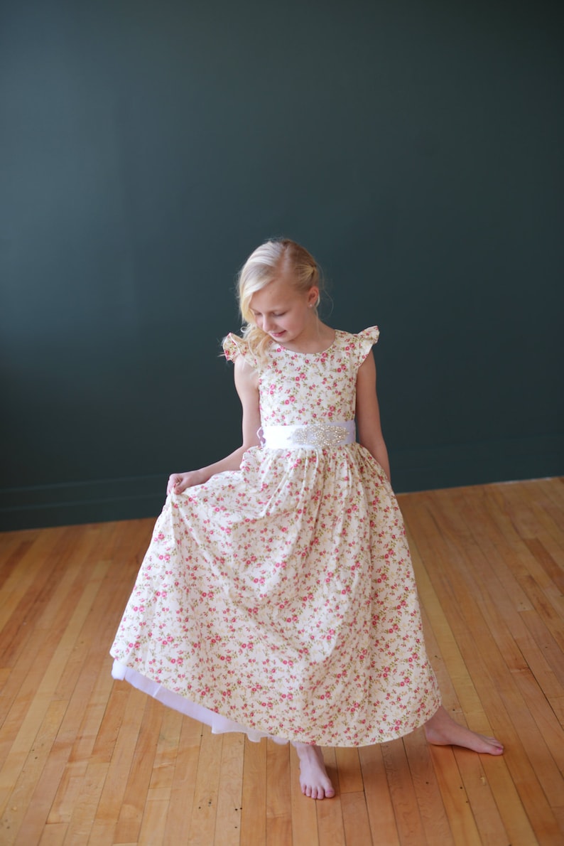 Floral print flower girl dress with diamante sash and butterfly sleeves image 1