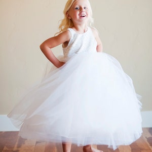 Handmade to Measure Lace flower Girl Dress or First Communion Dress in Ivory and White With a Full Tulle Skirt image 2
