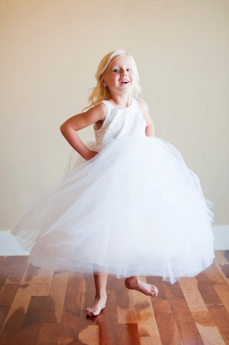 Handmade to Measure Lace flower Girl Dress or First Communion Dress in Ivory and White With a Full Tulle Skirt image 2