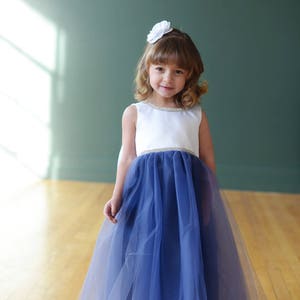 The Maria Flower Girl Dress, Blue Flower Girl Dress, Tulle Flower Girl Dress, V Back, White Dress image 2