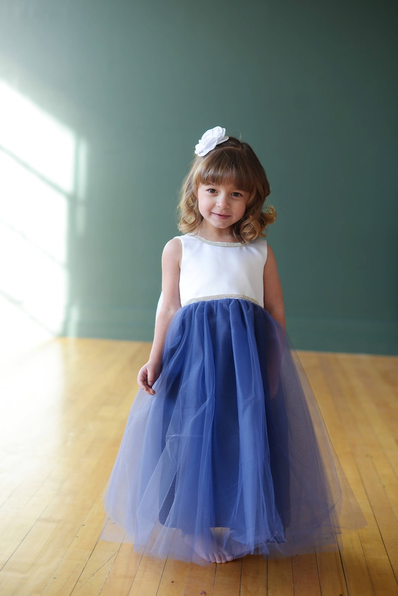 The Maria Flower Girl Dress, Blue Flower Girl Dress, Tulle Flower Girl Dress, V Back, White Dress image 2