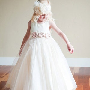 Handmade to Measure The Victoria Flower Girl Dress in Ivory and White with Hand Rolled Silk Flower and a Full Cotton and Tulle Skirt image 2