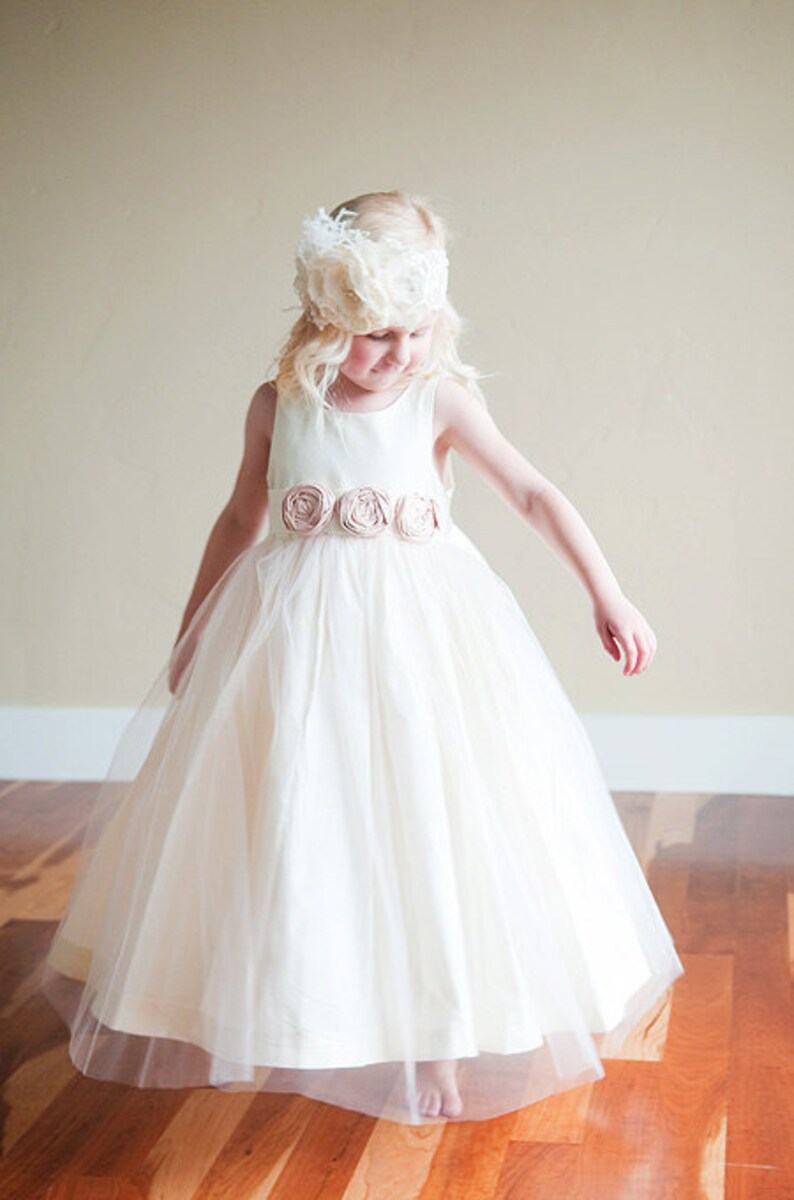 Handmade to Measure The Victoria Flower Girl Dress in Ivory and White with Hand Rolled Silk Flower and a Full Cotton and Tulle Skirt image 2