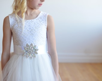 The Handmade to Measure Honiton First Communion Dress or Flower Girl Dress in Lace and Tulle With a Diamanté Sash