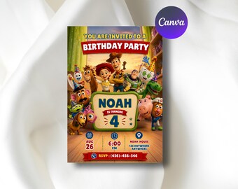Toy Story Birthday Invitation, 4th Birthday Invite, Editable Canva Template, Toy Story Party Invitation, Digital Download, Kids Birthday