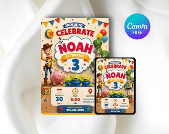 Toy Story Birthday Invitation, You've Got A Friend Who's Three, Editable Canva Template, Digital Download Printable Invite
