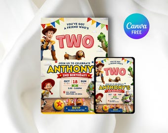 Toy Story Birthday Invitation, You've Got A Friend Who's Three, Editable Canva Template, Digital Download Printable Invite