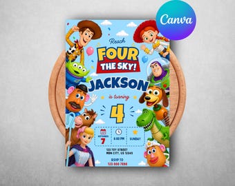 Toy Story Birthday Invitation, 4th Birthday Girl Invite, Reach Four The Sky Canva Template, Digital Toy Story Party Invite