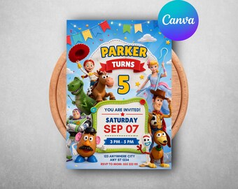 Toy Story Birthday Invitation, Toy Story 5 Invite, 4th Birthday Theme Invite, Editable Canva Template, Reach For The Sky Digital Download
