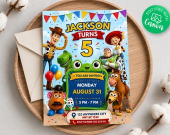 Zaproszenie urodzinowe Toy Story, edytowalne zaproszenie na imprezę dla osób w każdym wieku, szablon Canva na urodziny dla dzieci, pobieranie cyfrowe, zaproszenie na imprezę Toy Story