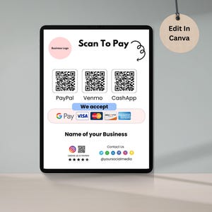 May include: A black tablet displays a "Scan To Pay" graphic with QR codes for PayPal, Venmo, and CashApp. It also shows accepted payment methods like Google Pay and Visa. A wooden tag reads "Edit In Canva".