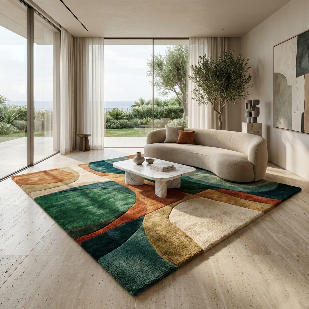 Modern Abstract Hand Tufted Rug, Luxury Contemporary Rug, Green Beige ...