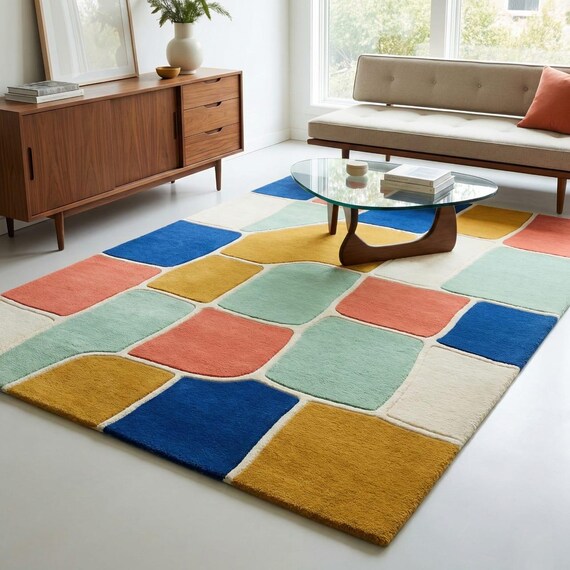 Hand Tufted Wool Rug, Modern Color Block Rug, Handmade Rectangular for Living Room Decor