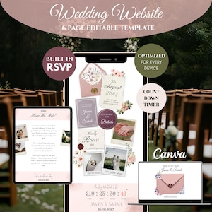May include: A 6-page editable wedding website template displayed on a smartphone, tablet, and laptop screen. The design features floral accents, photo frames, an RSVP section, a countdown timer, and text including Wedding Website and James & Sarah.