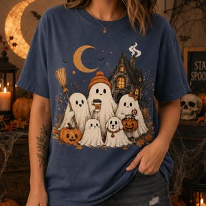 Camiseta vintage de Halloween con temática de familia fantasma, casa embrujada con calabazas para perros y gatos, camiseta gráfica con colores cómodos y espeluznantes, conjunto otoñal con especias de calabaza.