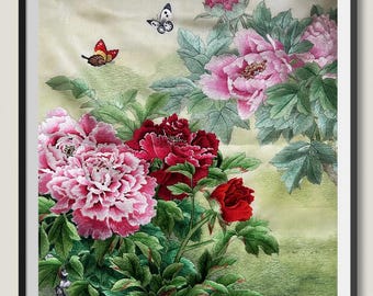 Handmade Silk Art Wall Hanging Peony & Butterfly in Bloom | Luxurious 100% Mulberry Silk | Good Gift Idea