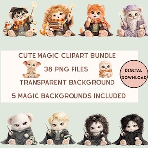 May include: A digital clipart bundle featuring cute magical characters, including owls, cats, and bears, with wands and books. The image includes the text "CUTE MAGIC CLIPART BUNDLE", "38 PNG FILES", "TRANSPARENT BACKGROUND", "5 MAGIC BACKGROUNDS INCLUDED", and "DIGITAL DOWNLOAD".
