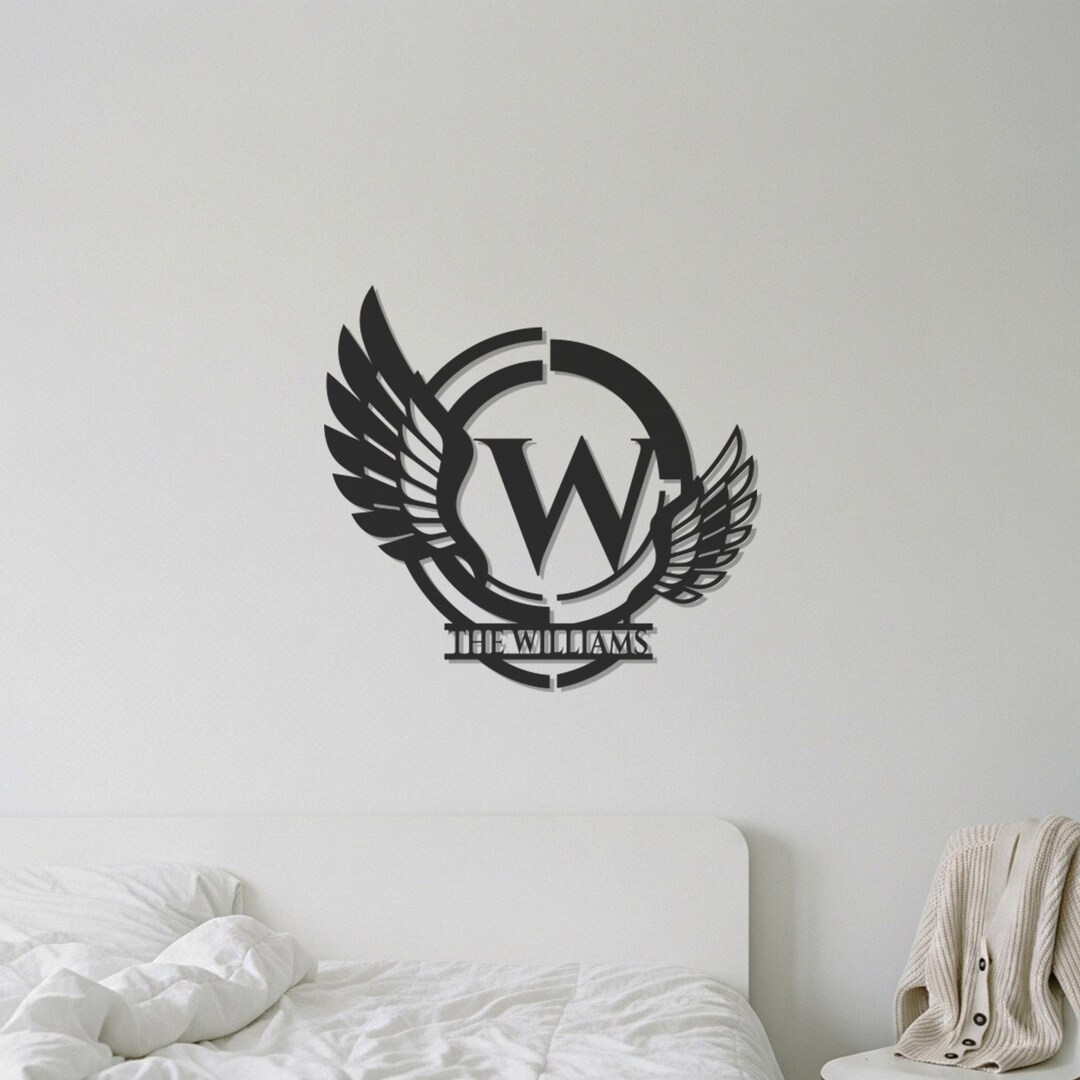 Winged Sign Custom Winged Monogram Metal Wall Art, Personalized Family Name Sign ...