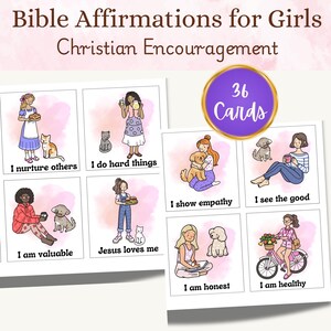 Bible Affirmation Cards for Girls | 36 Christian Encouragement Notes | Scripture Lunchbox Cards | Faith Based Printable | Ages 4-8