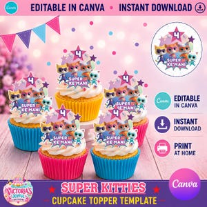 May include: A digital cupcake topper template featuring four cartoon kittens in superhero masks and capes. The design includes the number 4, the text SUPER KE'MANI, and colourful stars. The template is editable in Canva for instant download and printing.