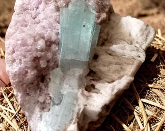Paraiba Tourmaline with Lepidolite Specimen– Neon Blue Green Tourmaline Crystal From Afghanistan (34 Grams)