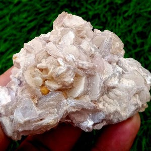 Puede incluir: Un espécimen mineral de color claro y textura rugosa. La formación rocosa tiene una apariencia en capas con una mezcla de tonos blanquecinos, beige y morado pálido. El mineral se sostiene en una mano sobre un fondo verde borroso.