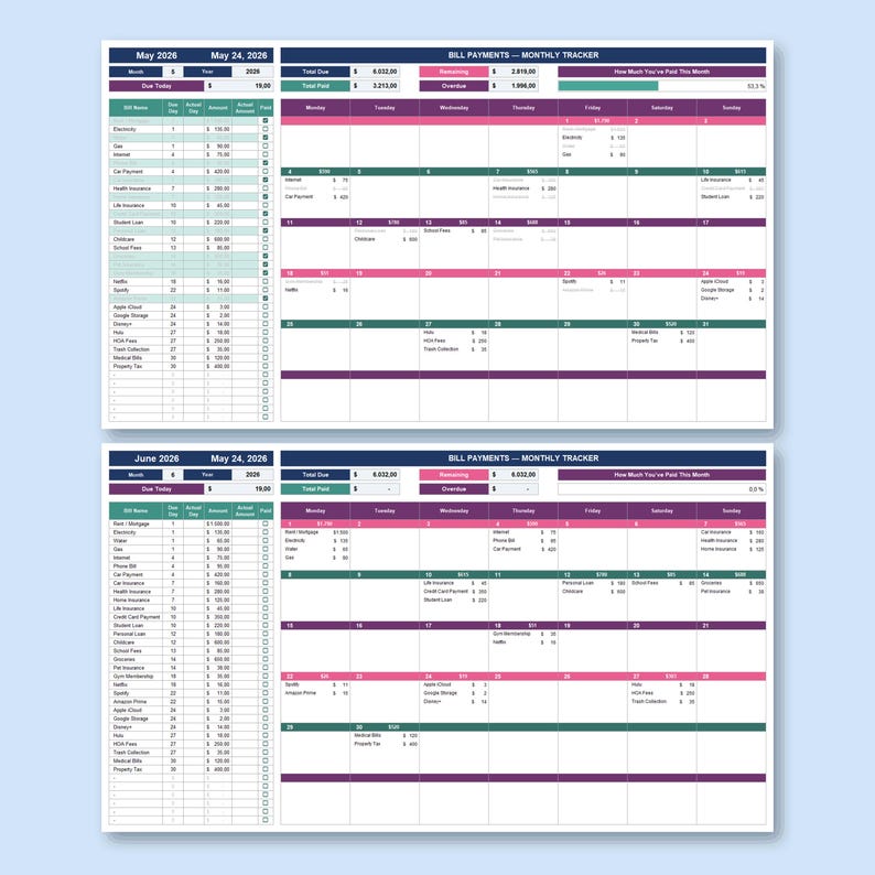 Monthly Bills Organizer Spreadsheet, Bill Pay Calendar, Household Payment Log, Expense Due Date Tracker Excel Google Sheets Template