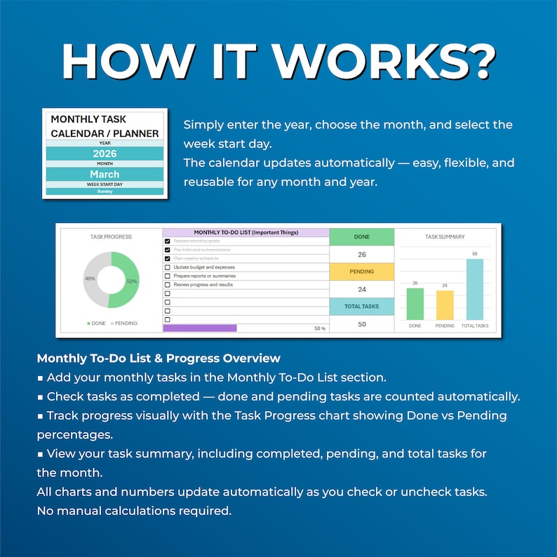 Monthly Organizer Spreadsheet, Productivity Dashboard Template, Time Management Tool, Workflow Planner Sheet, Work Management System, Excel