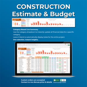 May include: A laptop screen displays a construction estimate and budget spreadsheet. The title "CONSTRUCTION Estimate & Budget" is at the top. The screen shows charts and financial data. Text on the screen includes "Category-Based Live Summary" and "Custom orders are accepted."