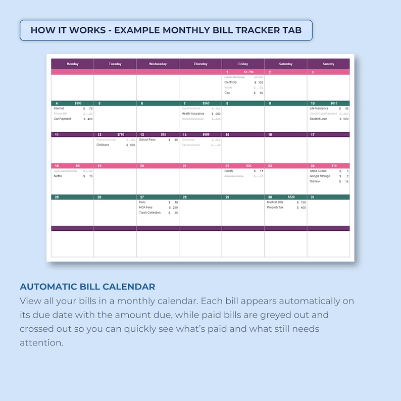 Monthly Bills Organizer Spreadsheet, Bill Pay Calendar, Household Payment Log, Expense Due Date Tracker Excel Google Sheets Template