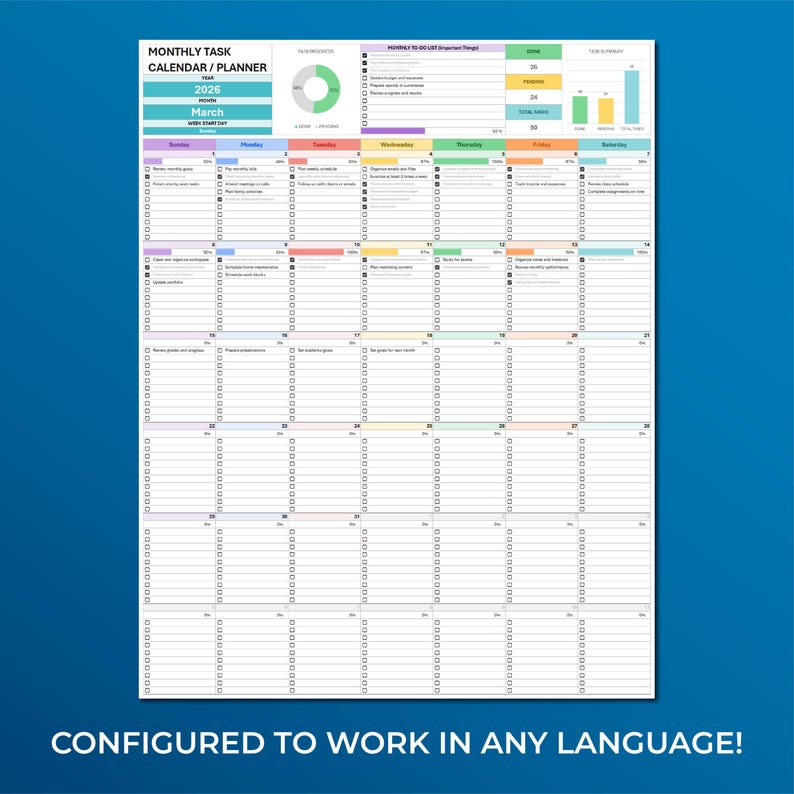 Monthly Organizer Spreadsheet, Productivity Dashboard Template, Time Management Tool, Workflow Planner Sheet, Work Management System, Excel