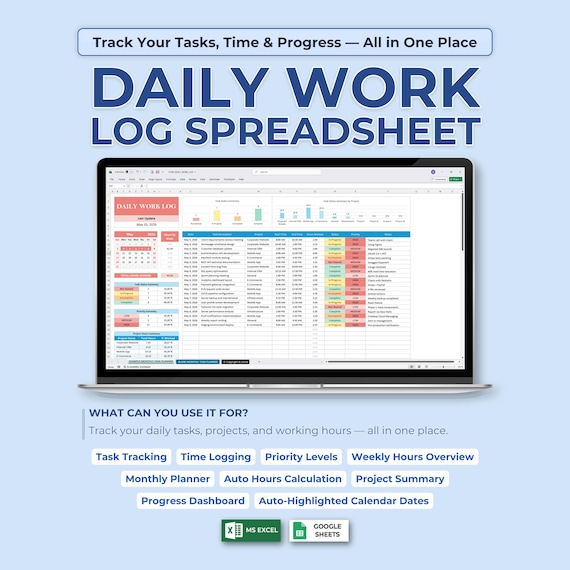 Daily Task Tracker Excel Template | Employee Timesheet Time Tracker | Work Hours Log Google Sheets