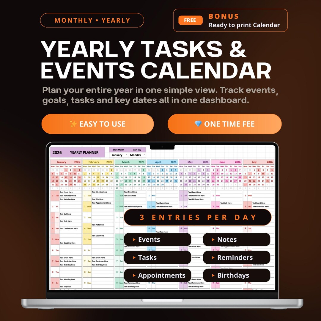 Annual Calendar Organizer | Full Year Calendar Excel | Google Sheets