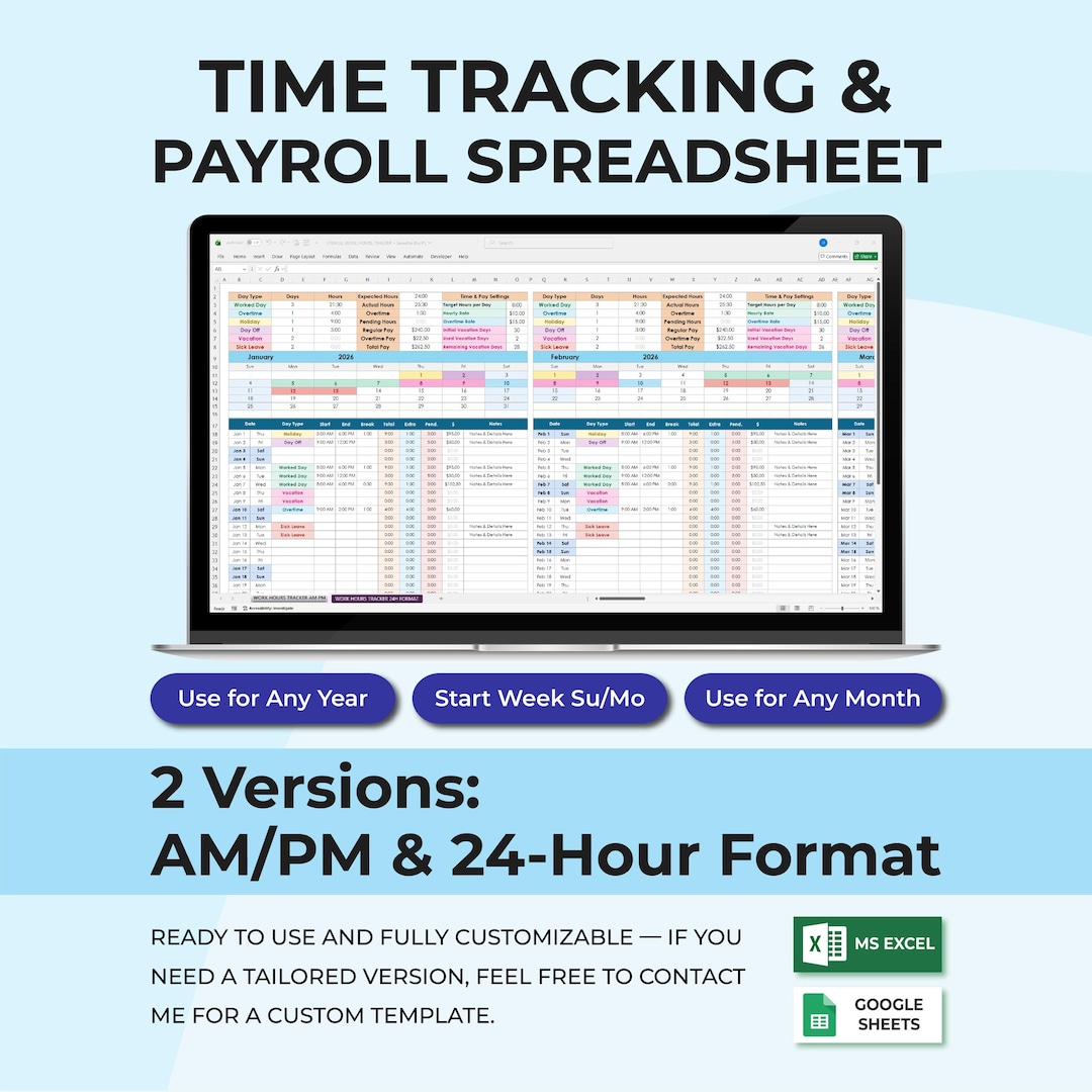 Timesheet & Payroll Tracker Excel Google Sheets | Work Hours Calculator ...