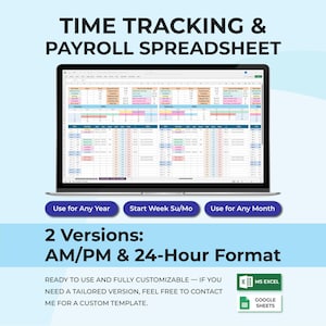 Timesheet & Payroll Tracker Excel Google Sheets | Work Hours Calculator | Employee Time Tracking | Overtime, Pay and Hours Template