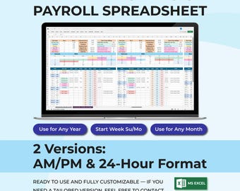 Timesheet & Payroll Tracker Excel Google Sheets | Work Hours Calculator | Employee Time Tracking | Overtime, Pay and Hours Template