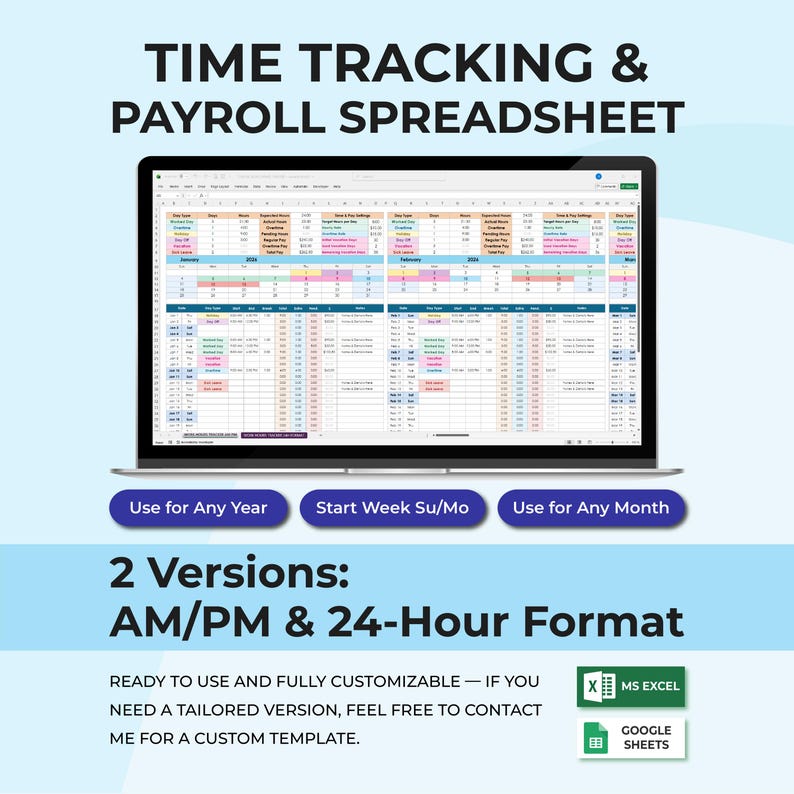 Timesheet & Payroll Tracker Excel Google Sheets | Work Hours Calculator ...