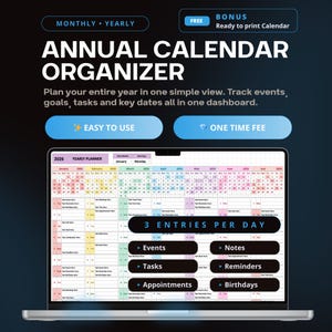 Puede incluir: Una pantalla de portátil muestra un organizador de calendario anual con el texto "ANNUAL CALENDAR ORGANIZER". El calendario incluye secciones para eventos, tareas, citas, notas, recordatorios y cumpleaños.