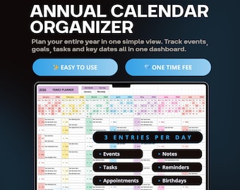 Yearly Tasks & Events Calendar | Annual Planner Excel | Google Sheets Calendar | One Page Year at a Glance | Digital Planning Template