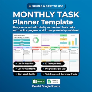 May include: A digital planner template with a blue background and white text that reads "MONTHLY TASK Planner Template." The template includes sections for tracking tasks, progress, and a calendar for the year 2026. It is compatible with Excel and Google Sheets.