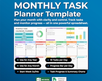Monthly Planning Spreadsheet, Editable Monthly Calendar Template, Productivity Planner Excel, Google Sheets Planner, Monthly Tasks Tracker