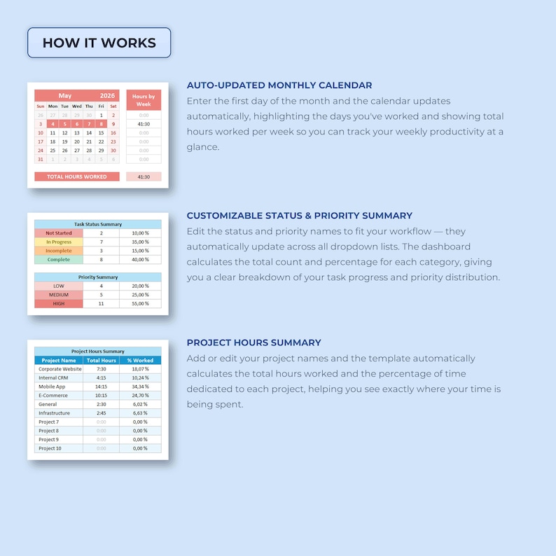 Daily Activity Log Excel Template | Employee Timesheet Tracker | Work Hours Planner Monthly Calendar Task Management | Google Sheets