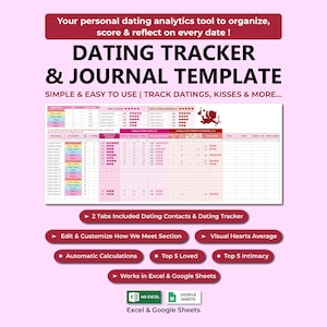 Può includere: Un modello digitale rosa e bianco intitolato "DATING TRACKER & JOURNAL TEMPLATE". Il modello include sezioni per tenere traccia di appuntamenti, baci e altro. Include calcoli automatici, medie visive dei cuori ed è compatibile con Excel e Google Sheets.