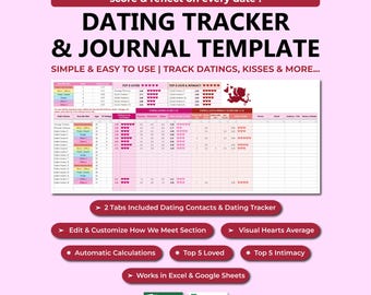 Dating-Tracker-Arbeitsblattvorlage | Visueller Dating-Tracker und Log | Dating-Zeitplan | Bewerten Sie Daten, verfolgen Sie Küsse | Excel Google Sheets