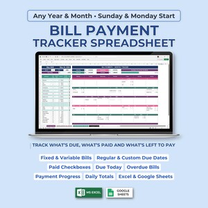 Monthly Bills Organizer Spreadsheet, Bill Pay Calendar, Household Payment Log, Expense Due Date Tracker Excel Google Sheets Template