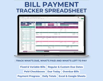 Monthly Bills Organizer Spreadsheet, Bill Pay Calendar, Household Payment Log, Expense Due Date Tracker Excel Google Sheets Template