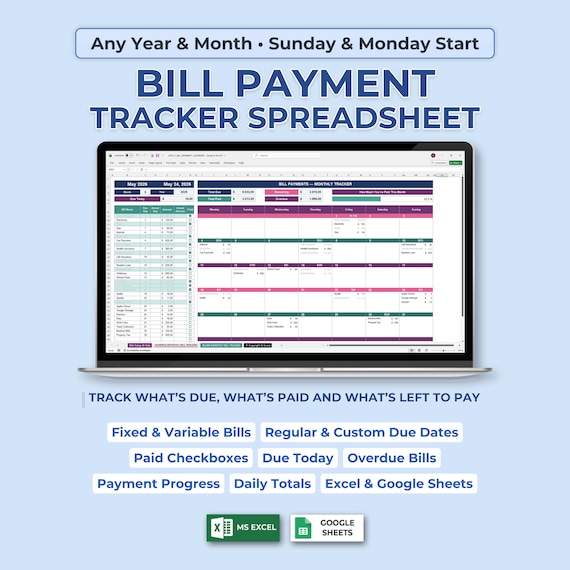 Monthly Bills Organizer Spreadsheet, Bill Pay Calendar, Household Payment Log, Expense Due Date Tracker Excel Google Sheets Template