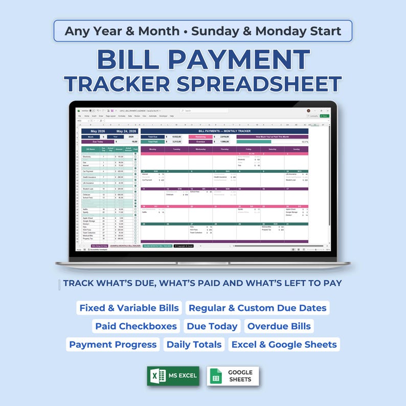 Monthly Bills Organizer Spreadsheet, Bill Pay Calendar, Household Payment Log, Expense Due Date Tracker Excel Google Sheets Template