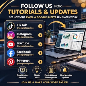 May include: Promotional graphic with the text "FOLLOW US FOR TUTORIALS & UPDATES." It features social media icons for TikTok, Instagram, YouTube, Facebook, and Pinterest, each with a handle. A laptop displays Excel charts, and the tagline reads, "JOIN US & MAKE YOUR WORK EASIER!"